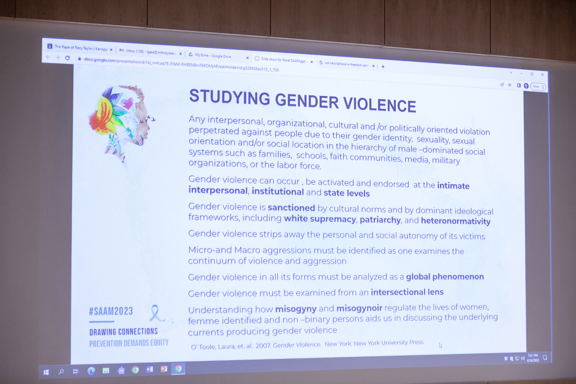 A slide from the presentation during a forum about gender-based violence