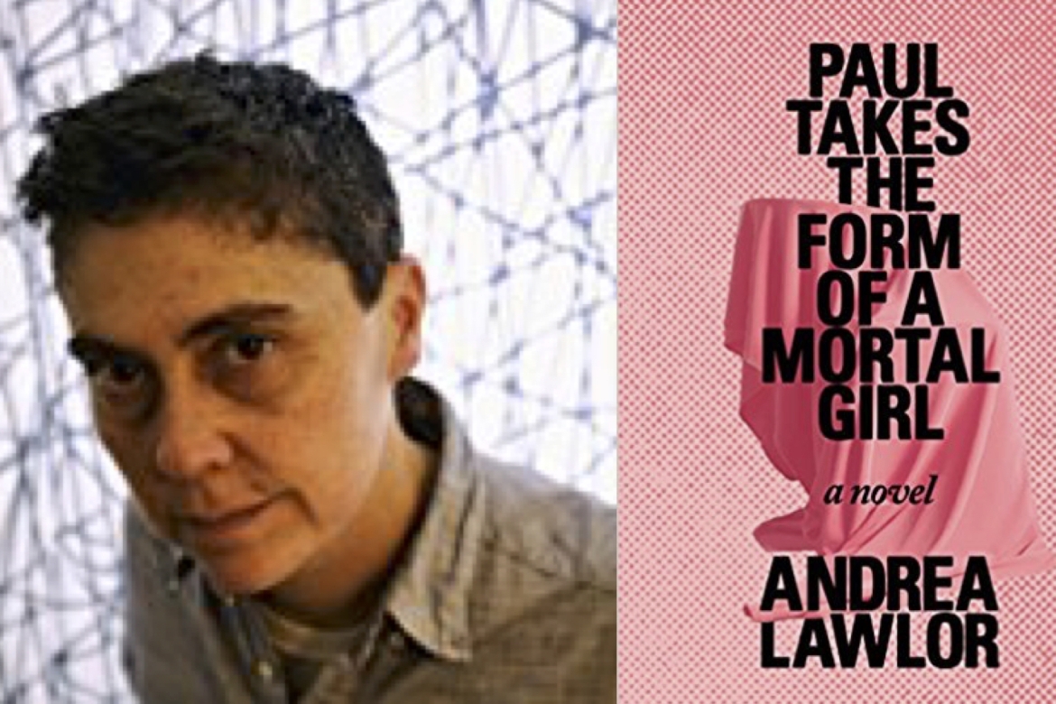 Author and lecturer Andrea Lawlor alongside an image of the cover of “Paul Takes the Form of a Mortal Girl.” The cover is pink, with black block text over an image of what appears to be a sculpture draped in pink cloth.