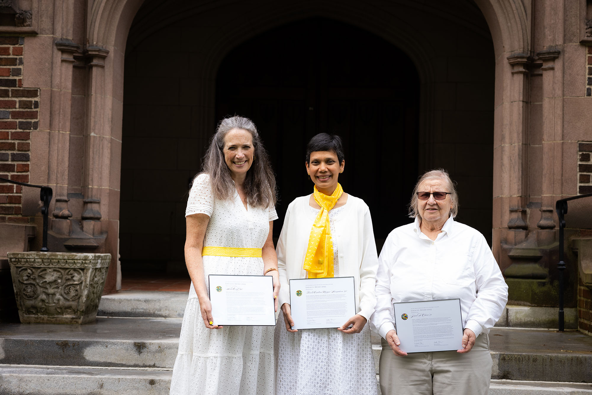 Left to Right: Ann Croft ’95, Ruani Cristina Maryse Ilangakoon ’95 and Jean L. Olson ’70 were honored at Reunion II on May 31, 2025. Not pictured: Lucy Tripp Eubanks ’60 and Sevanne A. Demirjian ’95