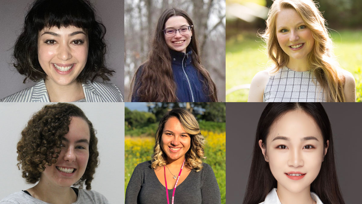 Clockwise from upper left: Clarissa Soma Goncalves Cordeiro FP ’21, Kristina Lester ’22, Abigail “Abby” Bridgers ’21, Tianyi Zhou ’21, Jaxzia Perez ’22, and Samantha "Sammi" Craig ’22.