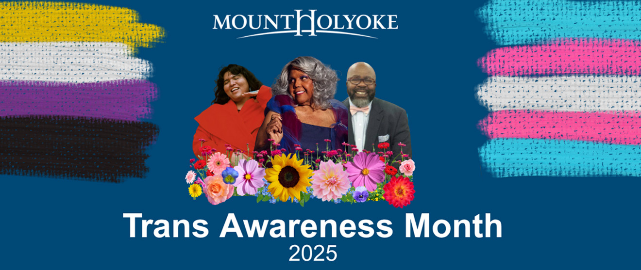 Composite image of Trans Awareness Month speakers, flowers beneath them.
