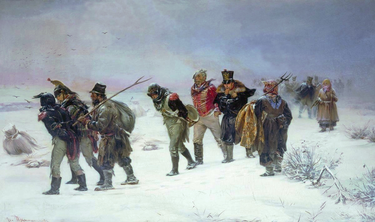 French army retreating from Russia in 1812 (Episode of the war of 1812, Pryanishnikov, 1874).