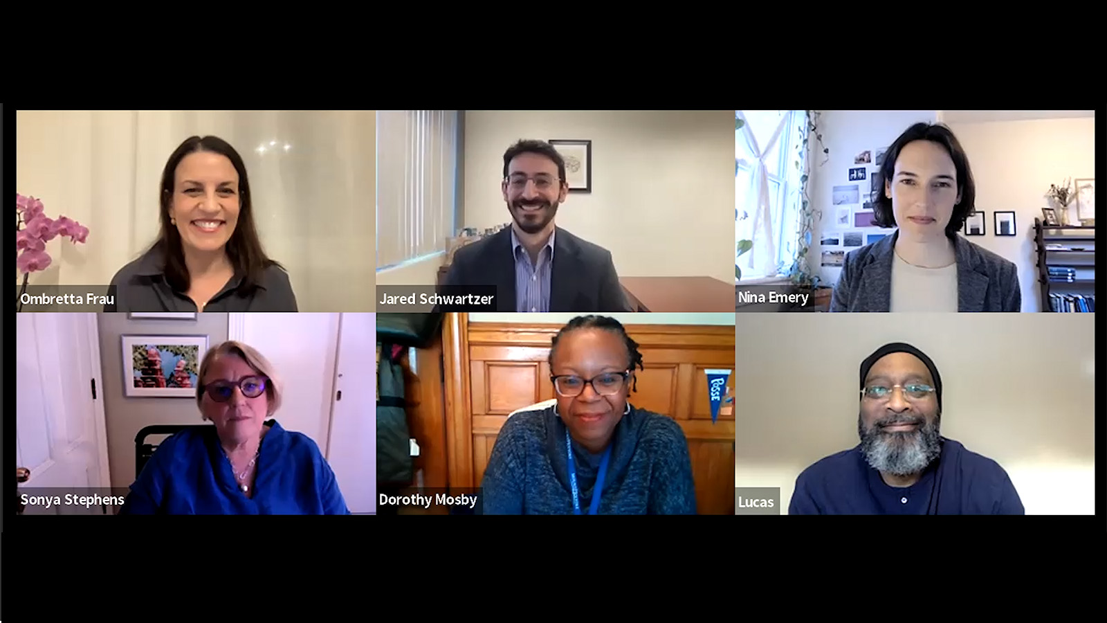 Ombretta Frau, Jared Schwartzer, Nina Emery, Sonya Stephens, Dorothy Mosby and Lucas Wilson on a zoom call