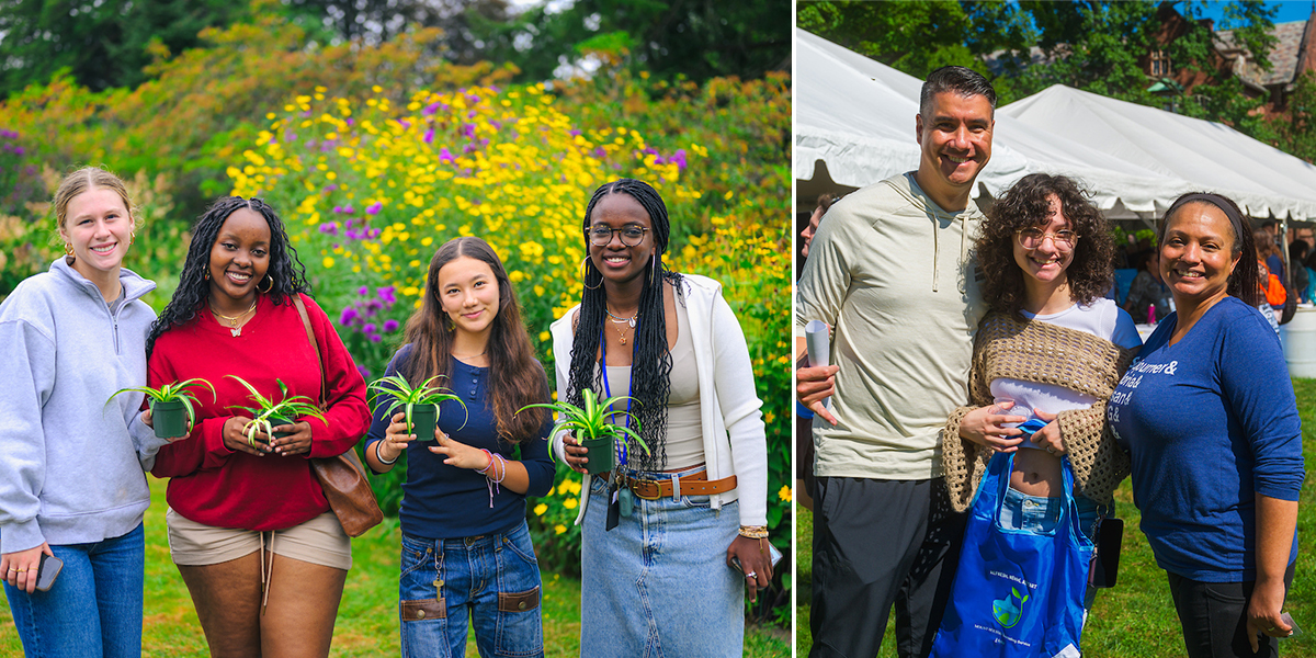 Orientation attendees: a group of students holding their firstie plants; a family poses together at the Welcome & Resource Tent