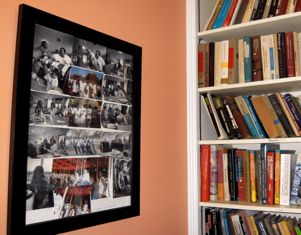 Bookshelves and a poster in the Betty Shabazz Cultural Center