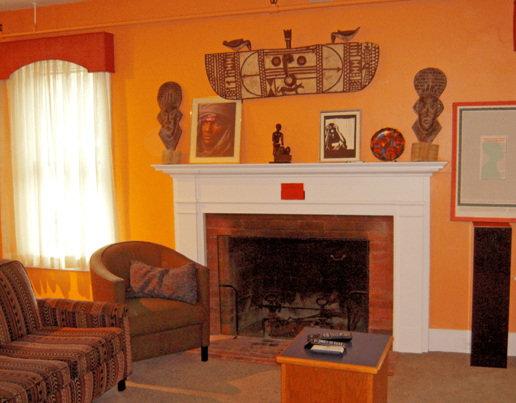 The fireplace in the living room of the Betty Shabazz Cultural Center