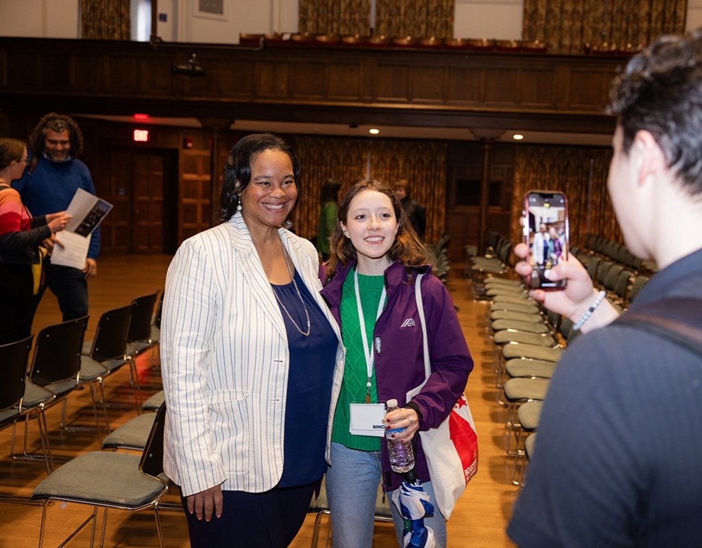 President Holley has photo taken with prospective student at Experience MHC! April 5, 2025, Photo by Jo Chattman.