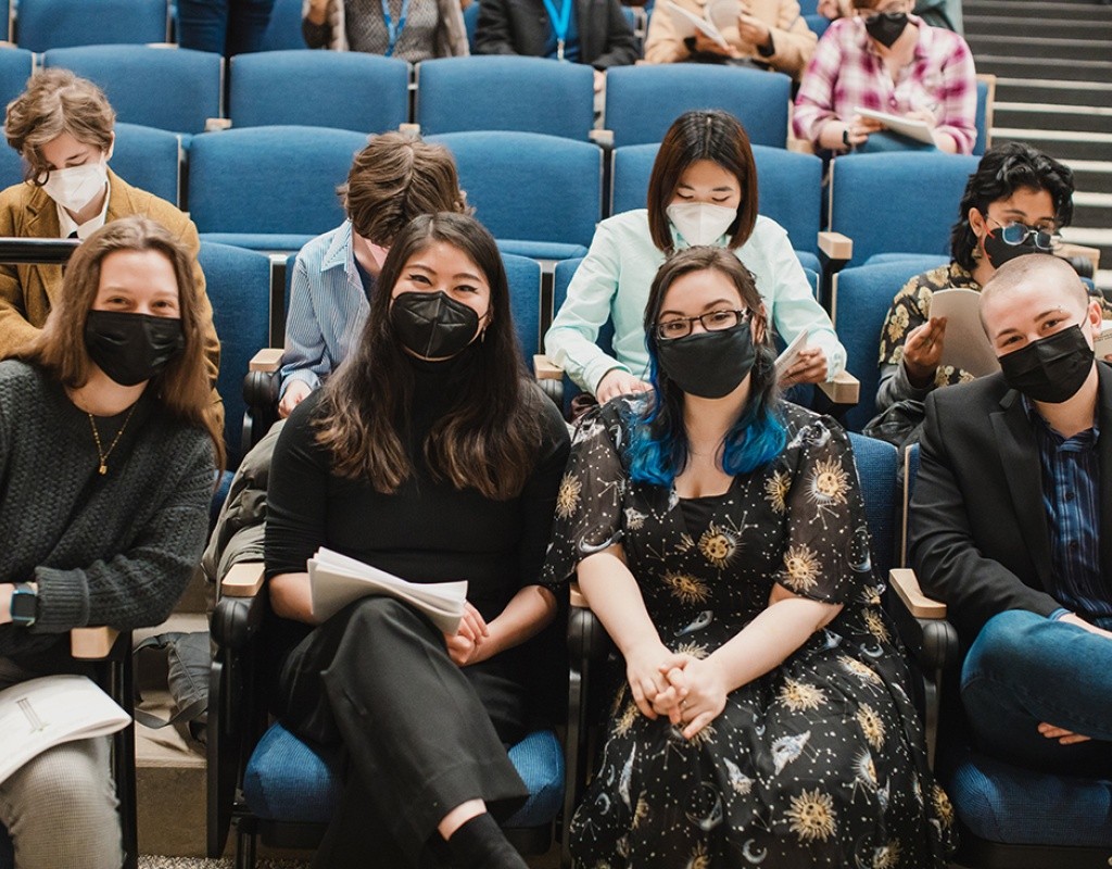 Glascock Intercollegiate Poetry Competition 2022 contestants, front row left to right: Kate Blakely, Jocelyn Maeyama, Liza Marsala, and Clare O’Gara.