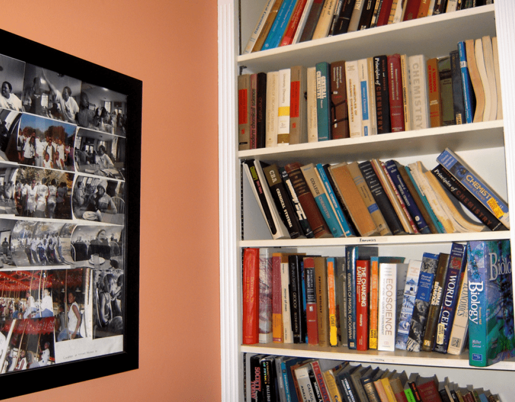Bookshelves and a poster in the Betty Shabazz Cultural Center