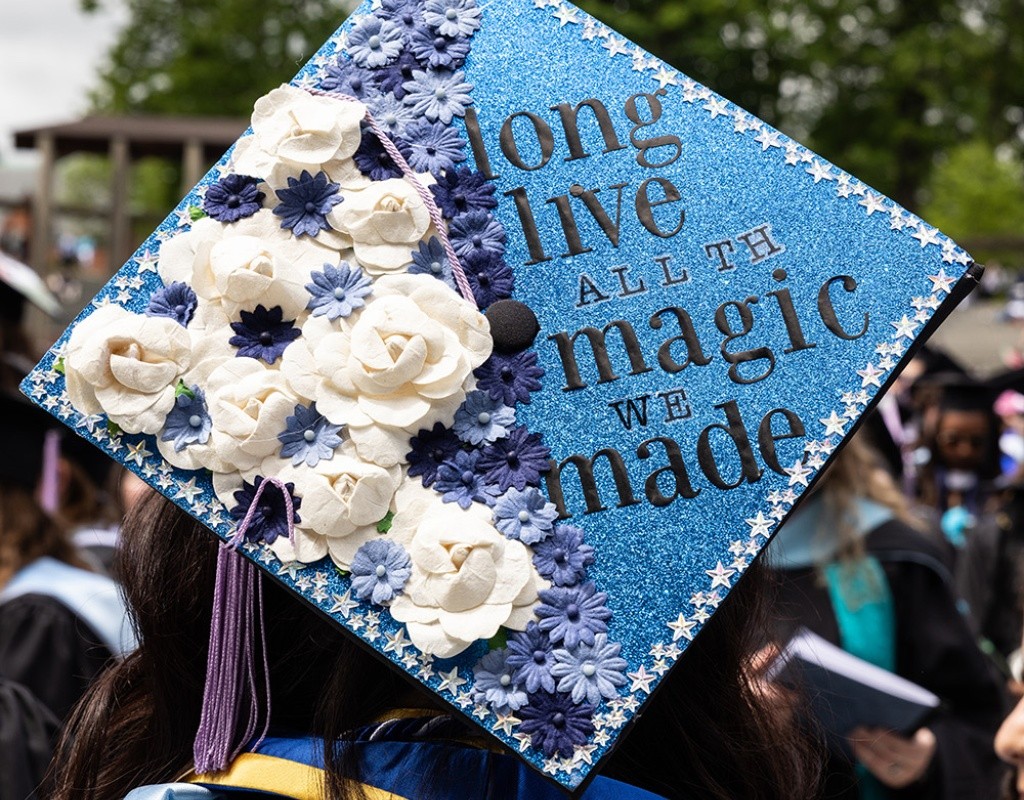 Mount Holyoke Commencement 2024 - Mortarboard decorated with the words long live all the magic we made
