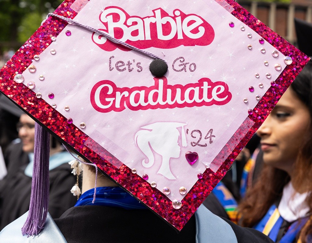 Mount Holyoke Commencement 2024 - Mortarboard decorated with the words &quot;come on Barbie let's go graduate&quot;