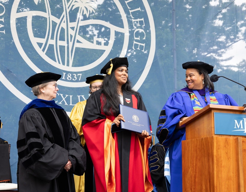 Mount Holyoke Commencement 2024 - Suchi Saria, honorary degree recipient, on stage