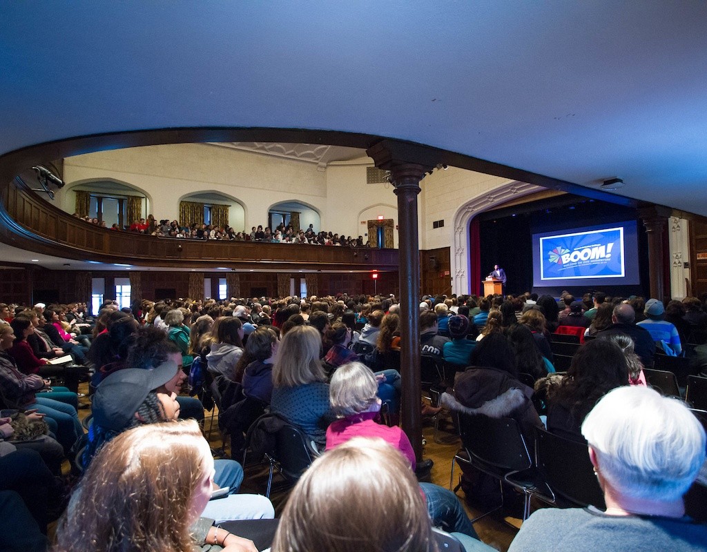 The canpus community gathered in Chapin Auditorium for the BOOM Kickoff event