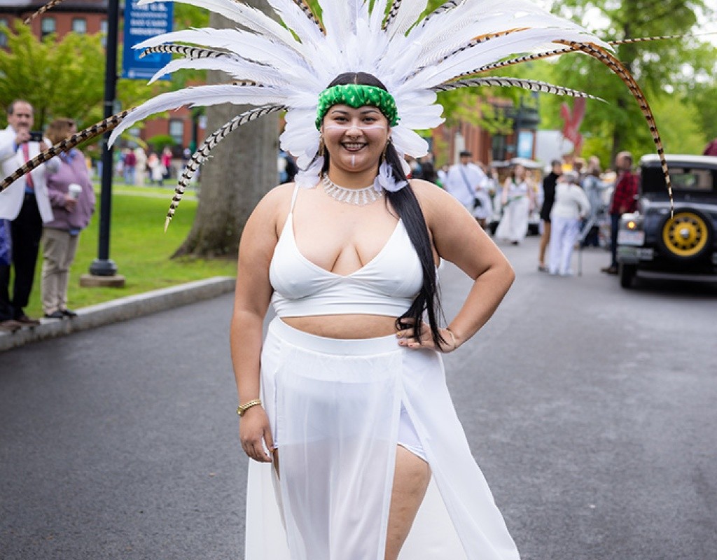Student from the class of 2025 shows off their white outfit before the Laurel Parade