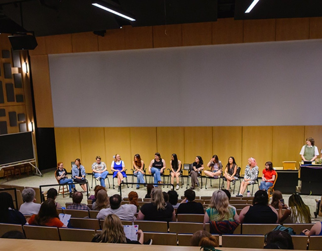Gamble Auditorium is an indoor amphitheater-style venue where students screen films, present projects, and share their work with the community.