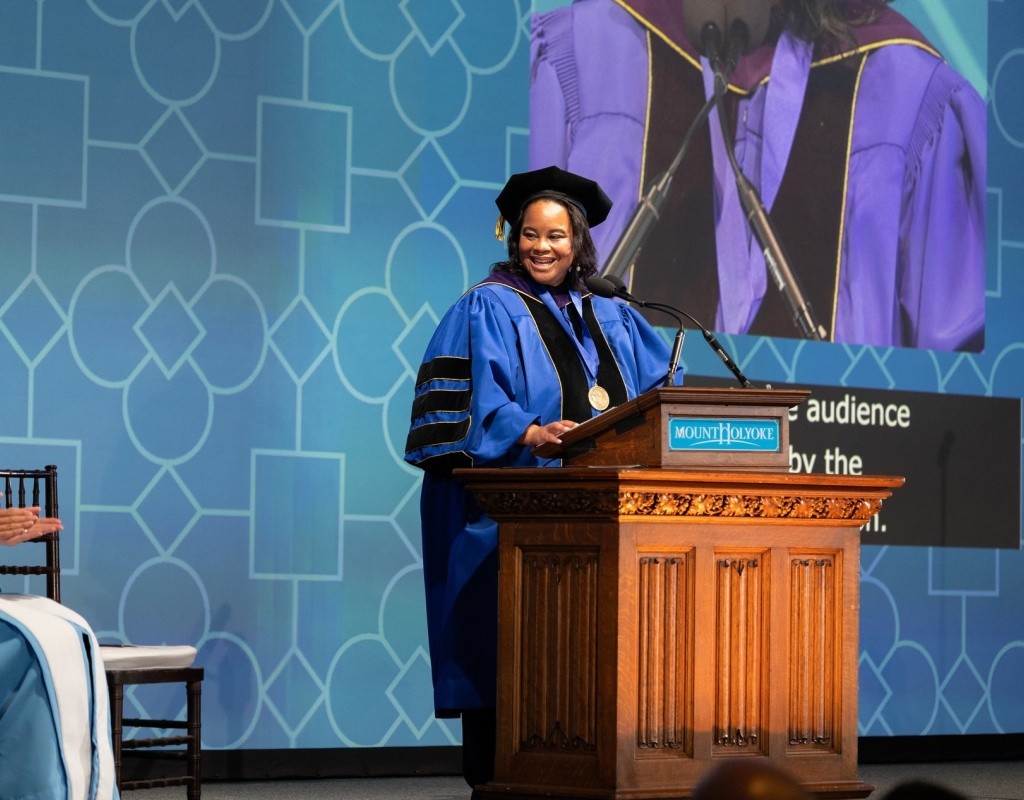 President Danielle R. Holley during her speech on stage at the investiture ceremony
