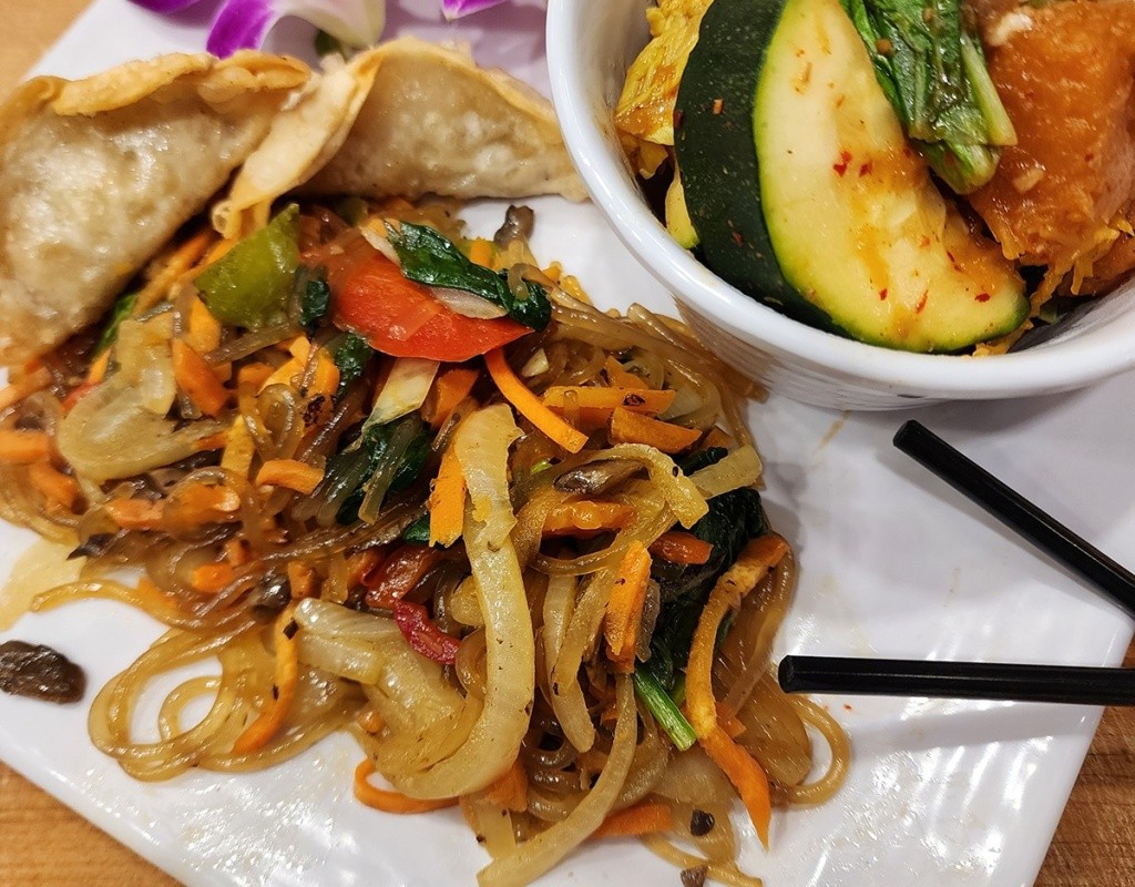 Japchae Noodles with Vegetables and Vegetable Pot Stickers