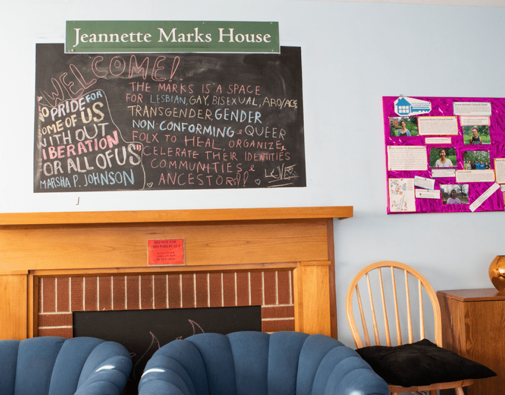 The fireplace in the living room of the Jeannette Marks Cultural Center