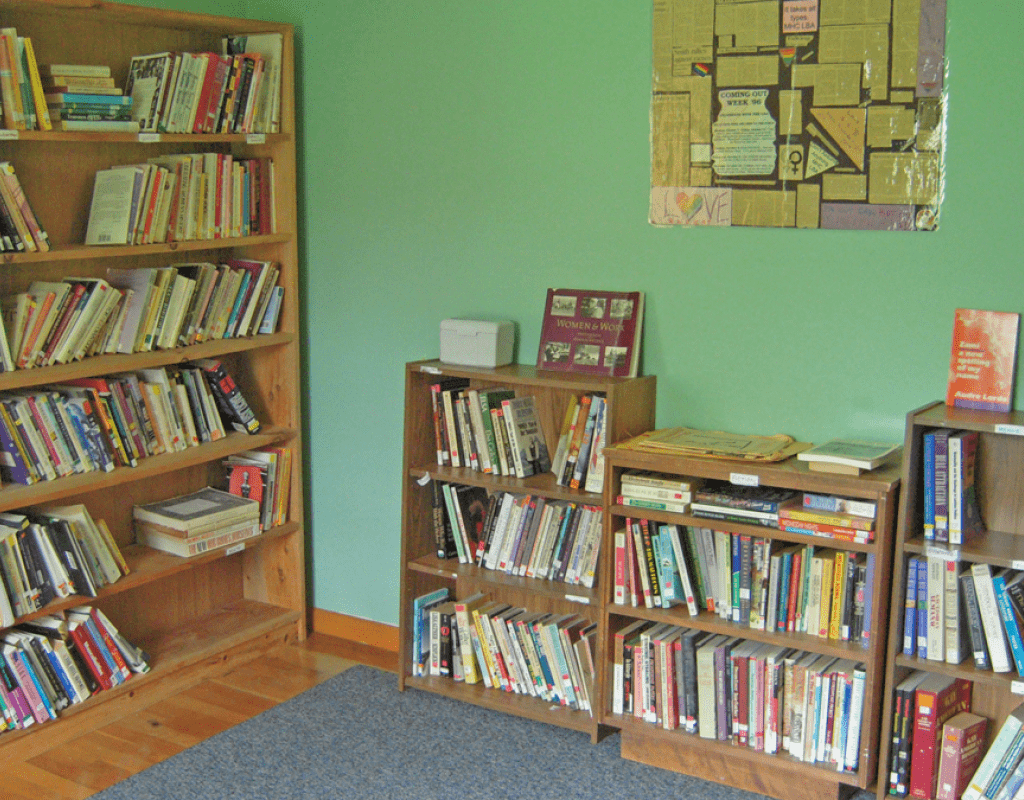 Full bookshelves in the Jeannette Marks Cultural Center
