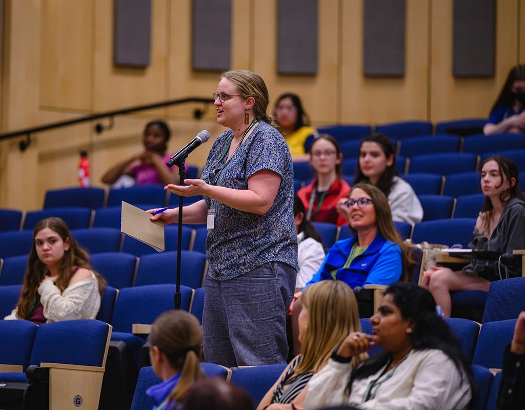 Student asking questions at the Summit on Feminist Leadership in Climate Justice held at Mount Holyoke College on April 25, 2025