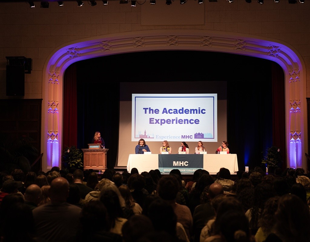 Panel on stage in Chapin Auditorium at Experience MHC! April 5, 2025, Photo by Jo Chattman.