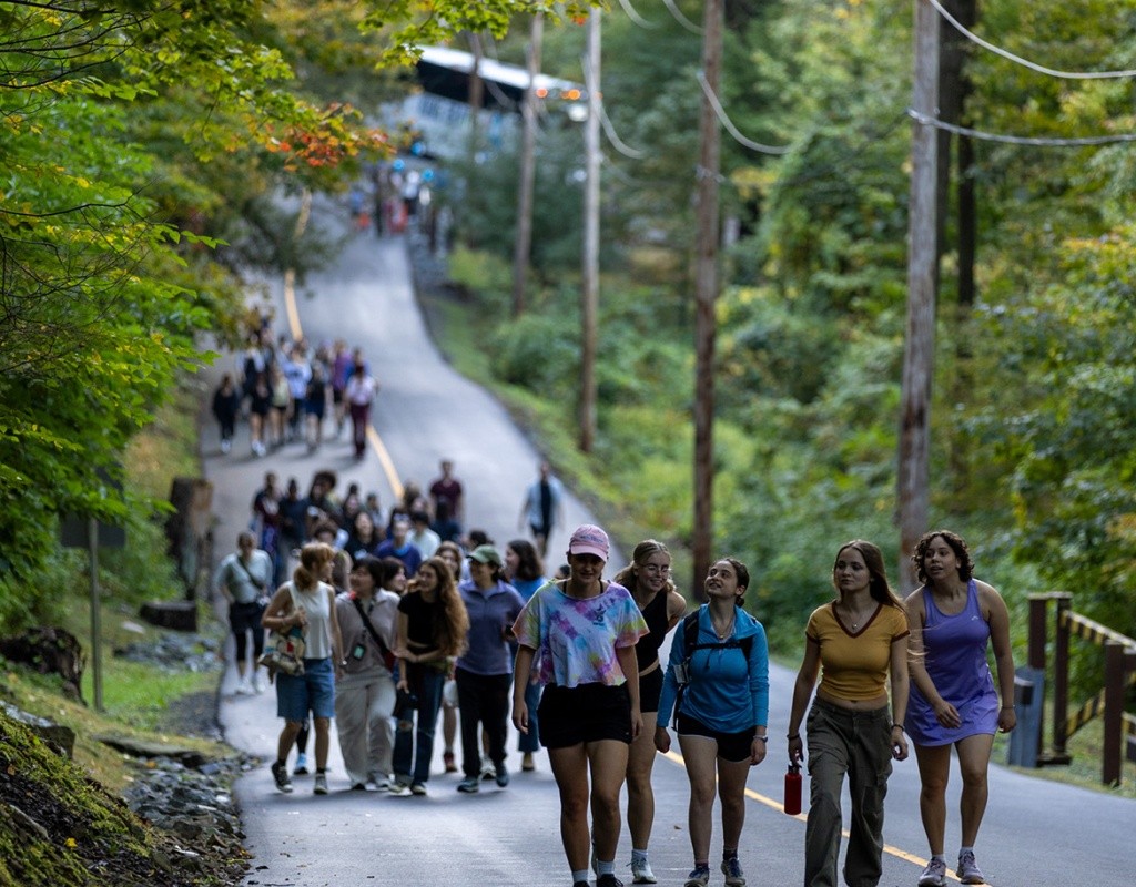 Mount Holyoke students walking up the road leading up to the summit of Mt. Holyoke