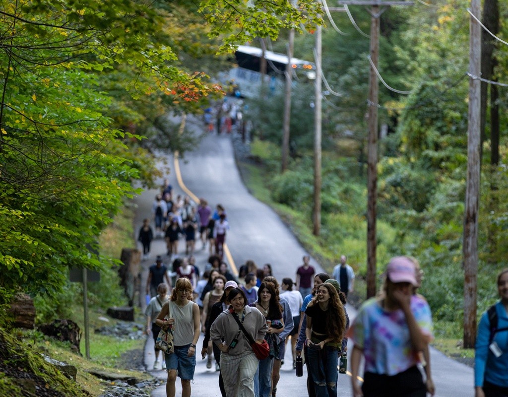 Mount Holyoke students hike up the road to the summit of Mt. Holyoke.