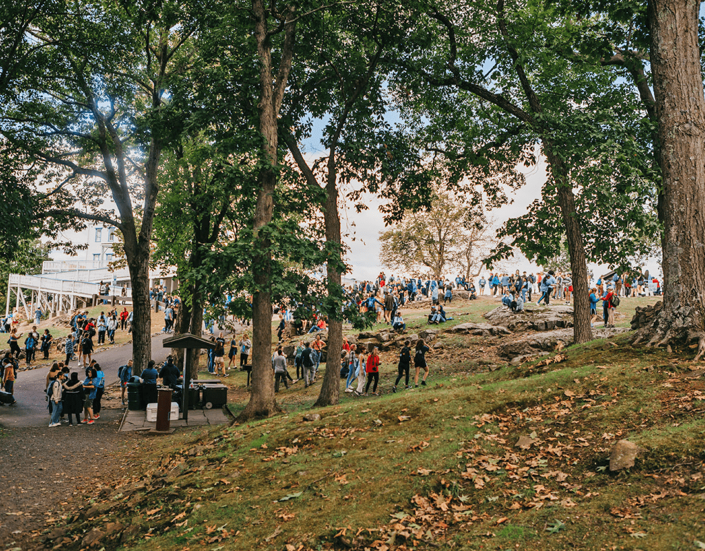 Mount Holyoke students fill the park grounds near the Summit House on Mountain Day