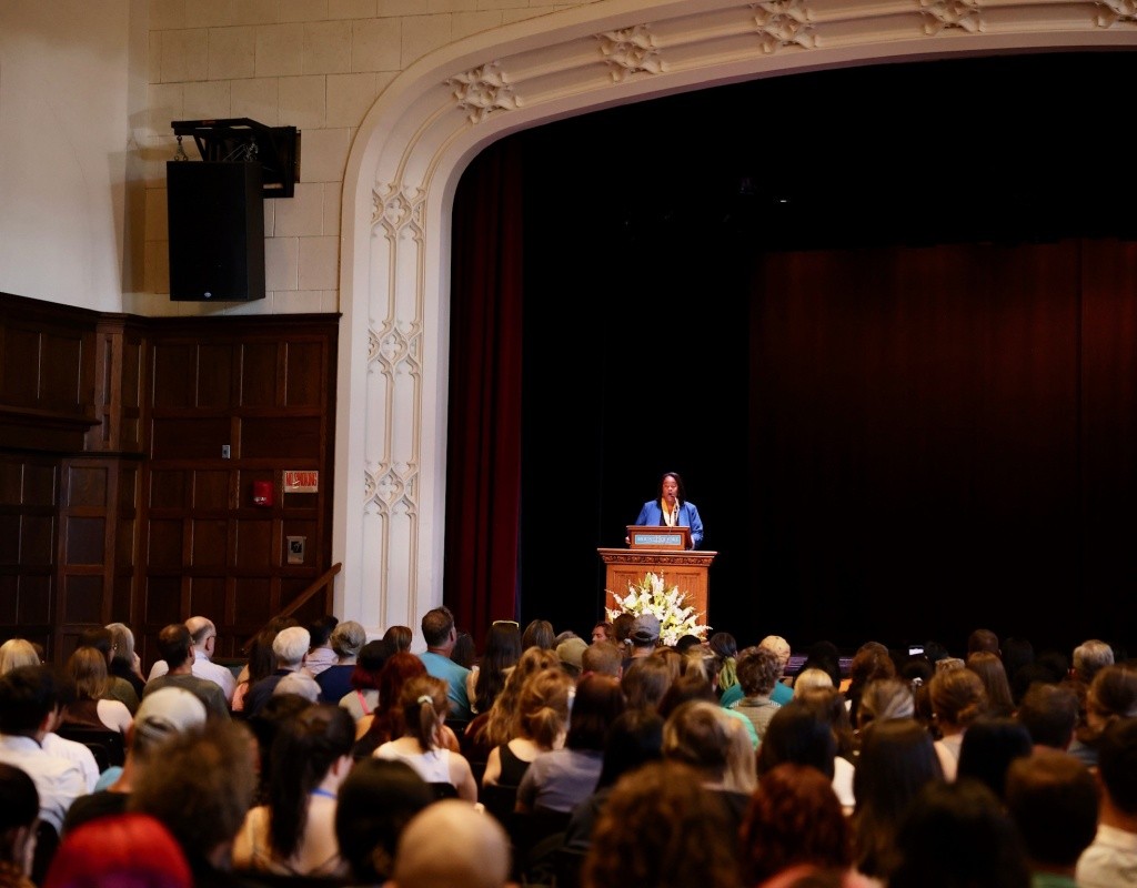 President Holley at the podium in Chapin Auditorium