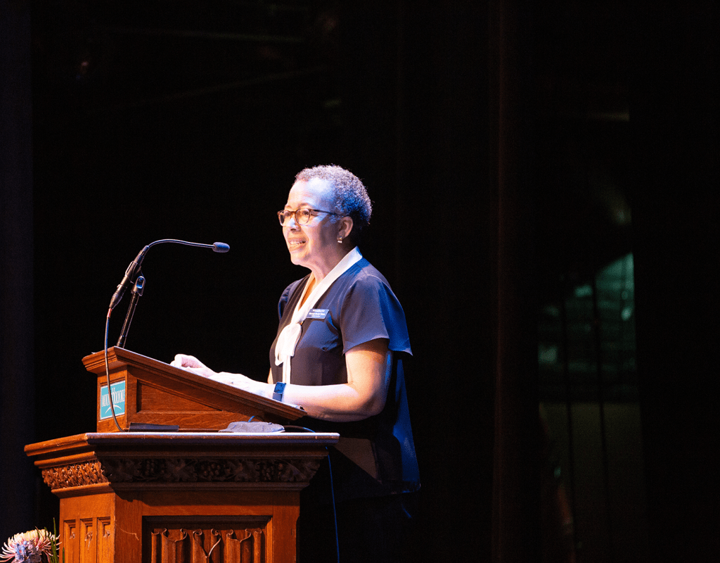 Interim President Dr. Beverly Daniel Tatum addresses students and families during move-in day 2022