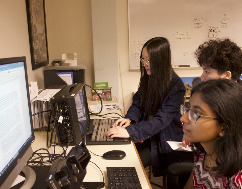 Psychology students studying data from eye tracking equipment