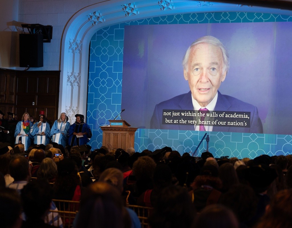 Senator Ed Markey addresses the crowd during the investiture ceremony.