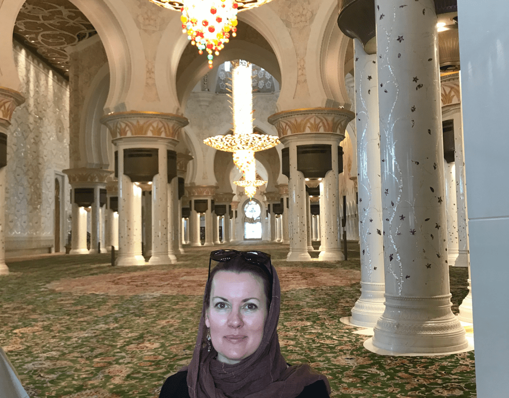 Alumnae Association Executive Director Trisha Tanner ’00 inside the Sheikh Zayed Grand Mosque