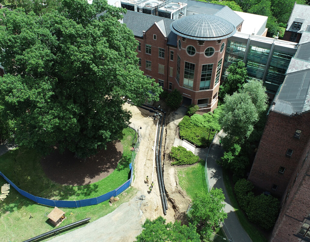 Aerial view of geothermal project construction by Kendade Hall.