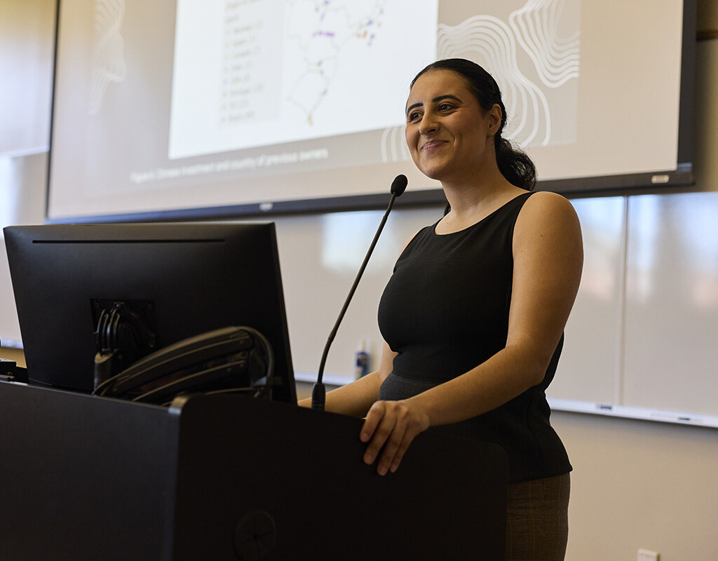 Student presents from podium, Senior Symposium 2026.