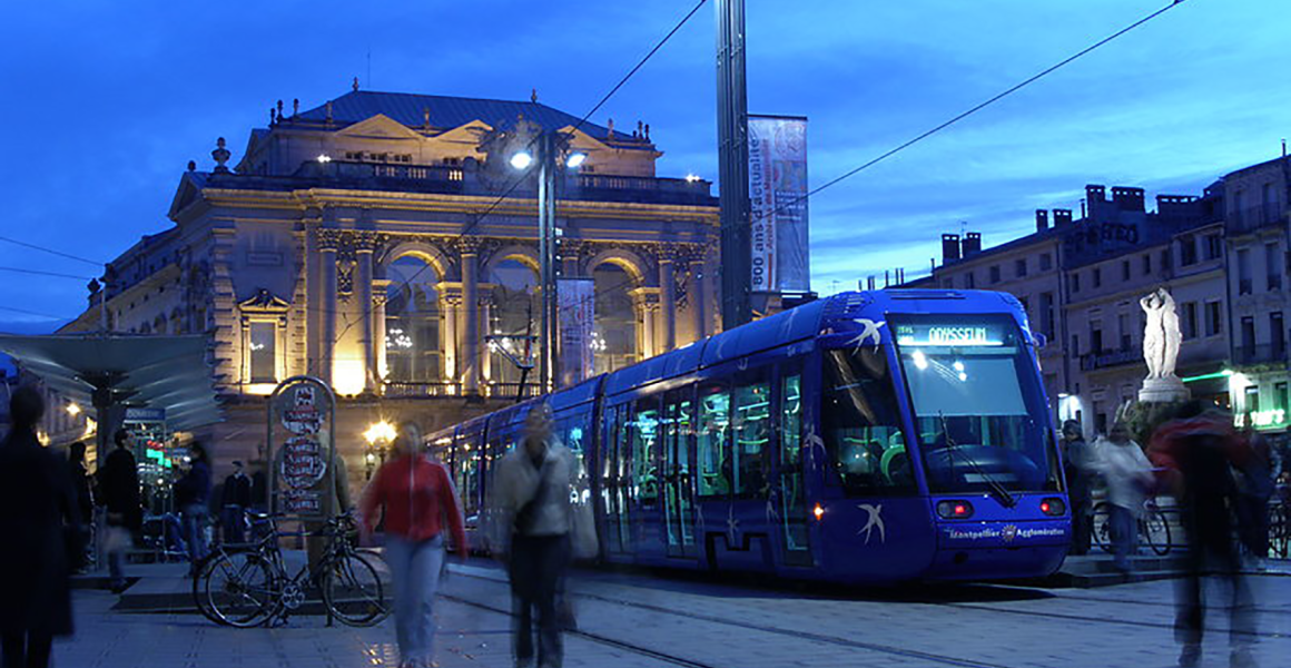 The tram near the Place de la Comedie in Montpellier, France