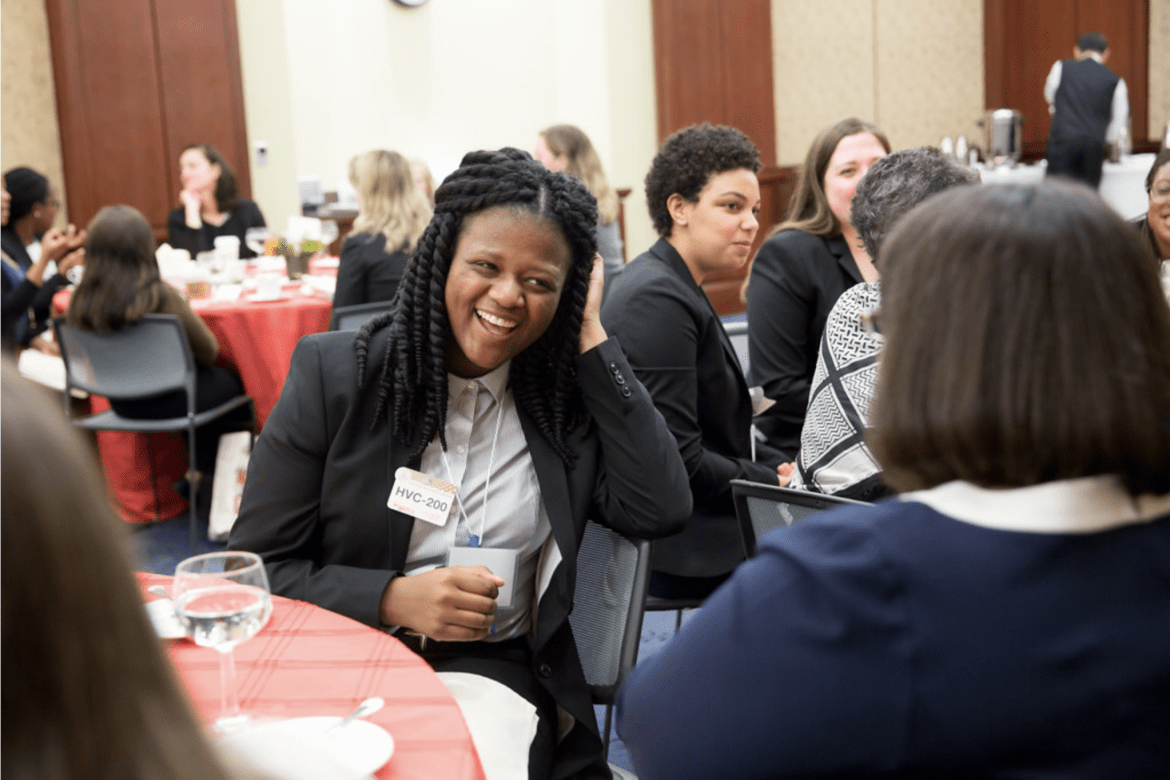 Students meeting with alums during the 2017 site visit to Washington, DC