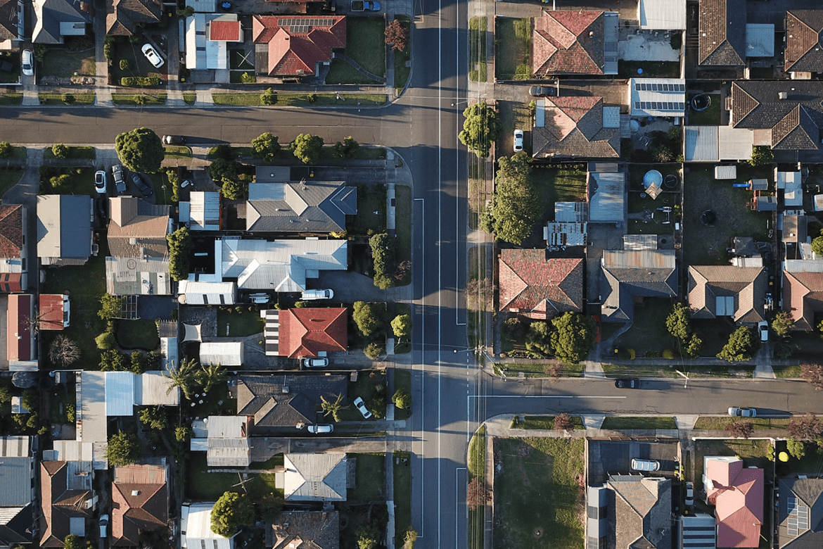 A neighborhood of houses viewed from above