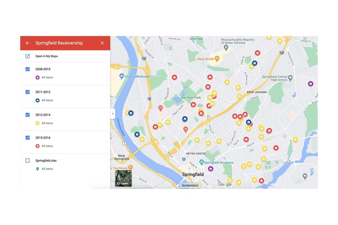 A map of Springfield, Mass. homes in receivership, as plotted by Mount Holyoke College students and staff.