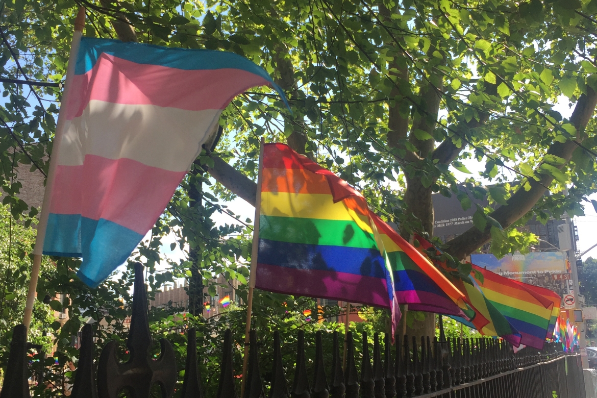 Gay pride and trans pride flags at the Stonewall National Monument. Grace.Mahony, CC BY-SA 4.0