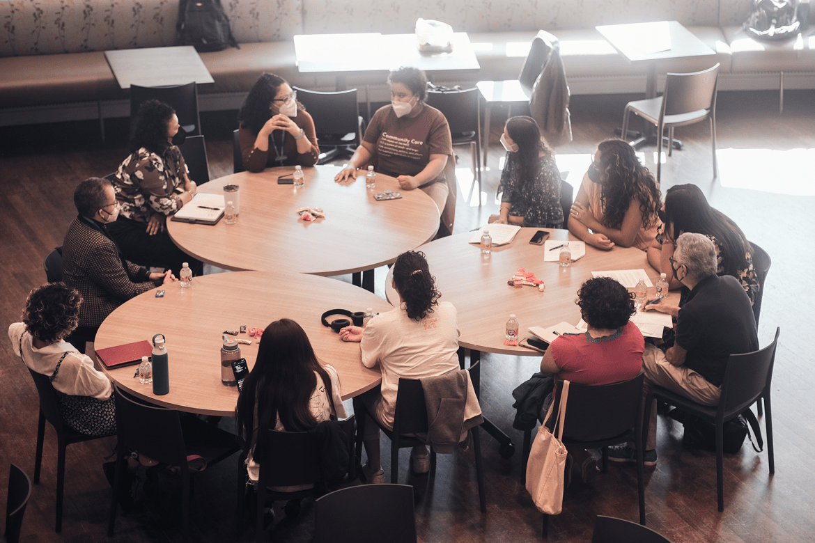 Students, faculty and staff gathered for a discussion during Latinx Heritage Month in the Great Room of the Community Center. 