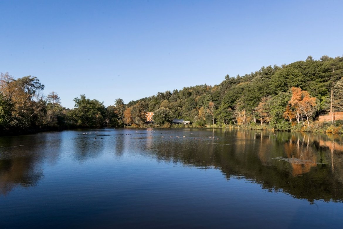 Lower Lake on campus in early fall, with the leaves just starting to turn