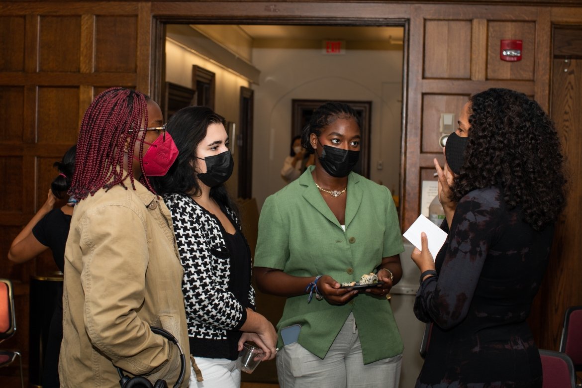 After the talk, students were able to follow up with alums Natasha Mohanty ’03 and (pictured at far right) Mona Sutphen ’89