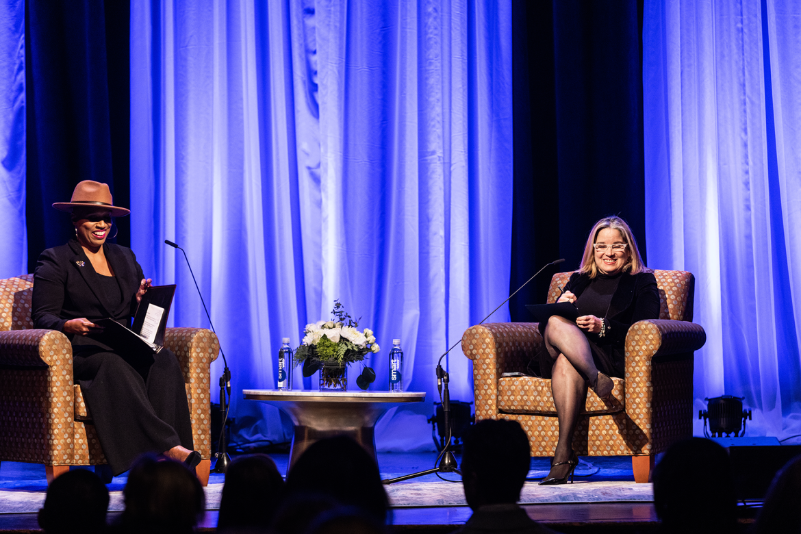 Rep. Ayanna Pressley (left) and Weissman Fellow for Leadership Carmen Yulín Cruz held a lively discussion in Mount Holyoke College’s Chapin Auditorium.