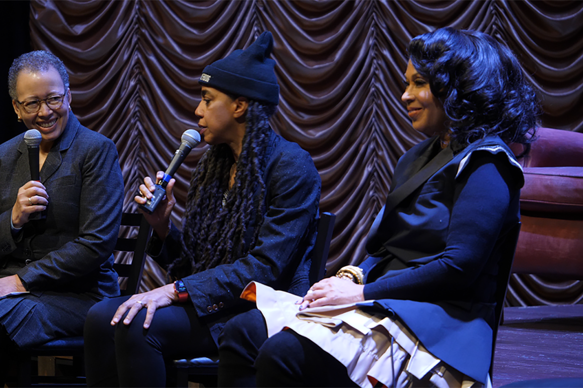 Interim President Beverly Daniel Tatum speaking with Suzan-Lori Parks ’85 and Debra Martin Chase ’77 on stage following a performance of “Topdog/Underdog”