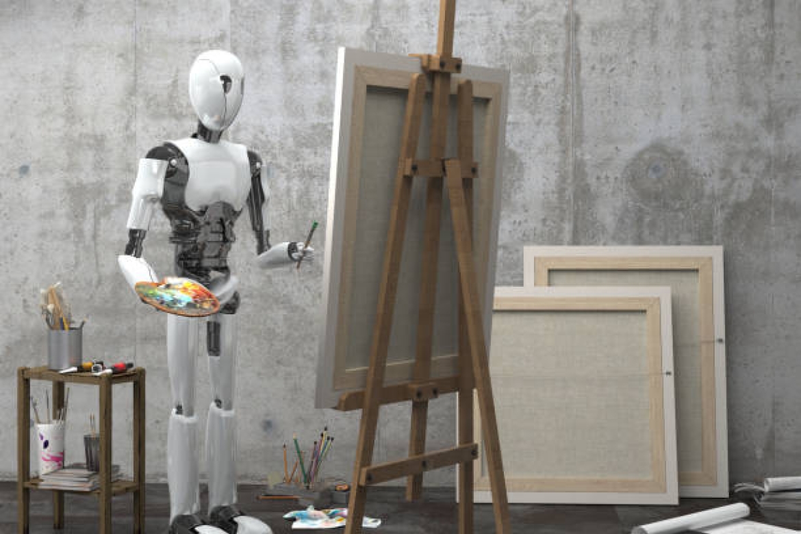 A robot stands near an easel with a paint brush in one hand and a pallette in the other