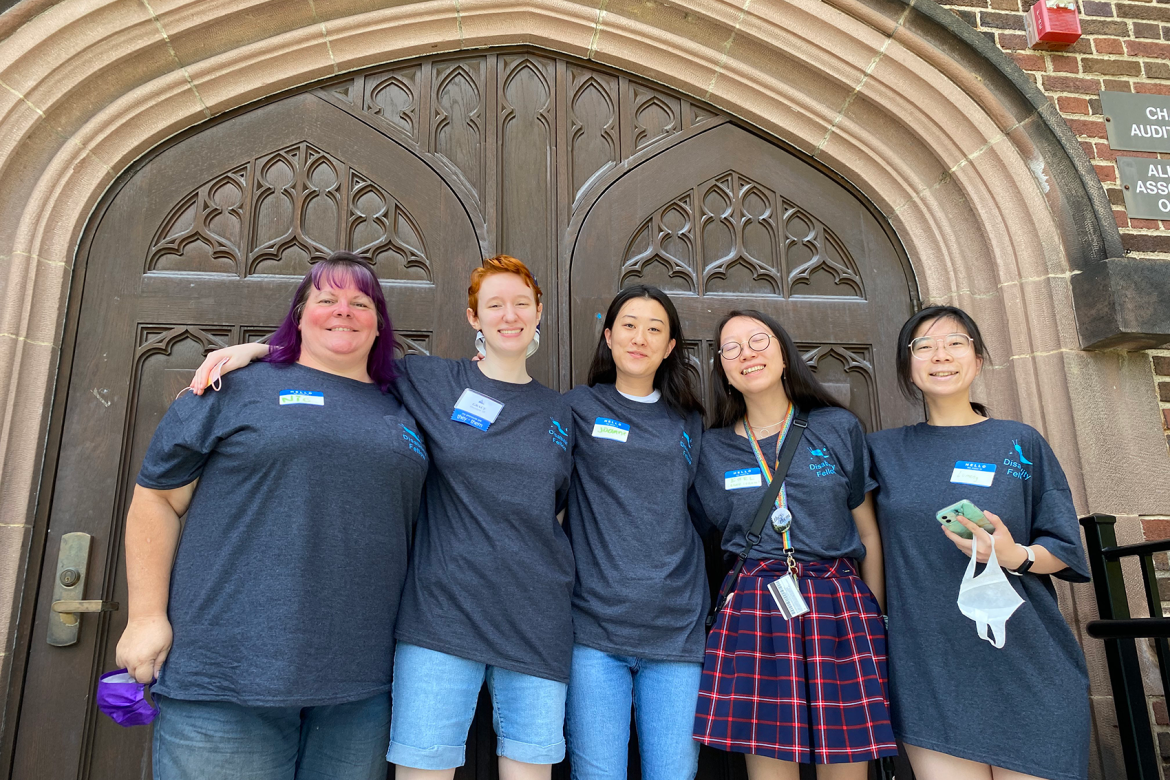 Disability Fellows posing outside of Chapin after tabling about Disability Services during Orientation in 2022. From left to right: Nic McGrath '24, Grace MacIntyre '25, Joanne Ryu '23, Earl Wren '24 and Lumeng Yang '23.
