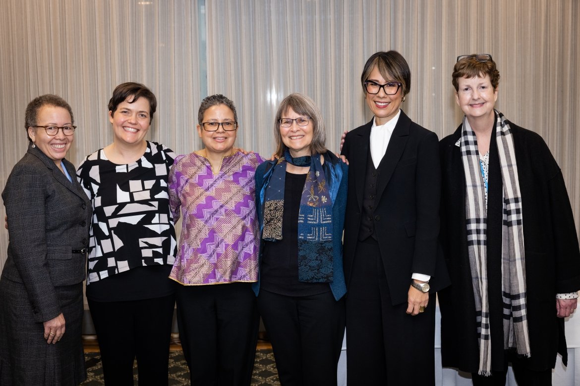 Flanked by Interim President Beverly Tatum and Provost Lisa Sullivan, Katie Berry, Renae Brodie, Karen Remmler and Iyko Day received Faculty Awards.