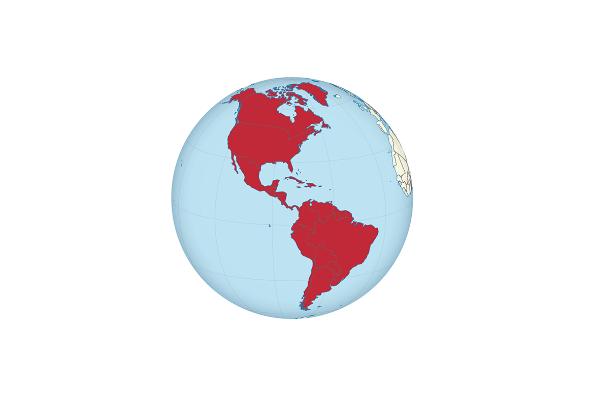 A graphic of a globe of the earth with North and South America highlighted in red