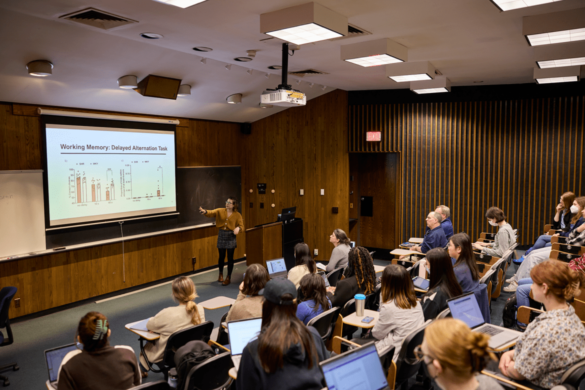 A student giving a presentation in front of a full hall during Senior Symposium 2023